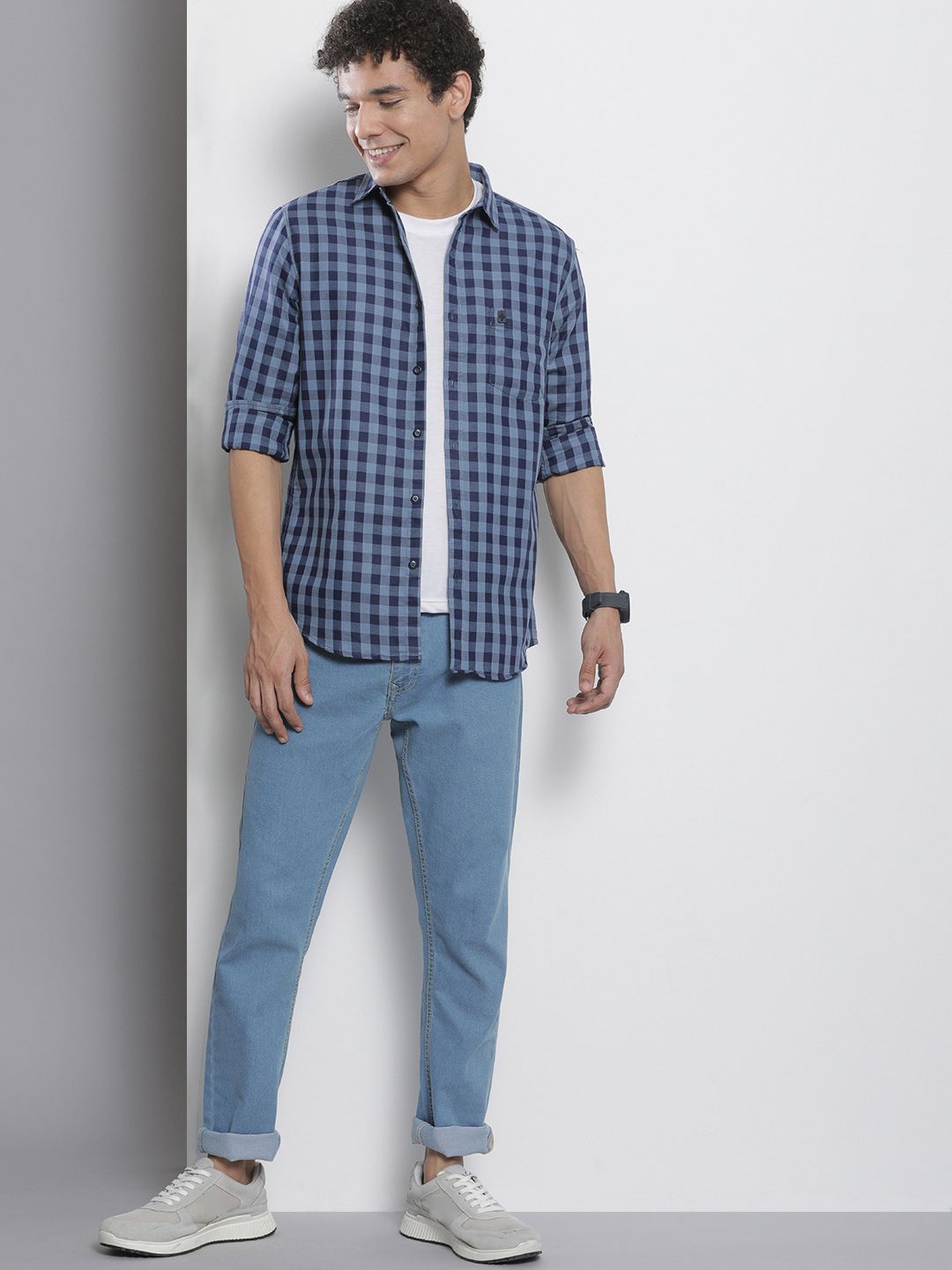 The Indian Garage Co Men Blue Checked Pure Cotton Casual Shirt