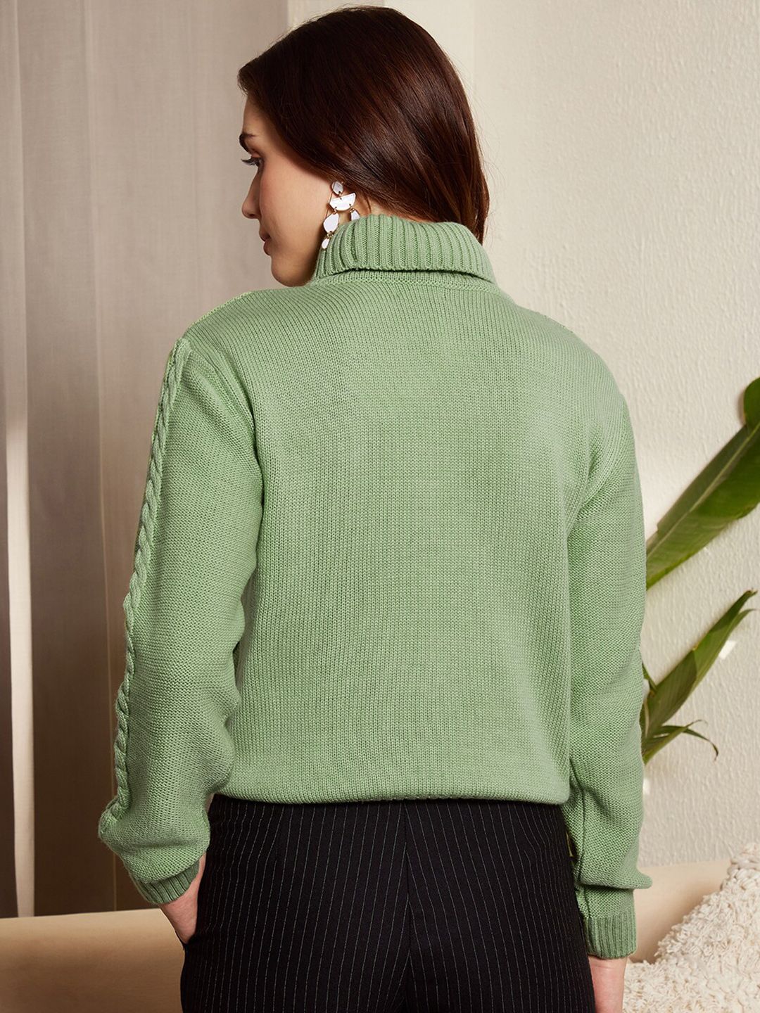 Berrylush Green Cable Knit Self Design Turtle Neck Acrylic Pullover Sweater