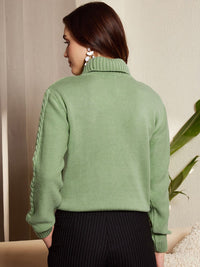 Berrylush Green Cable Knit Self Design Turtle Neck Acrylic Pullover Sweater
