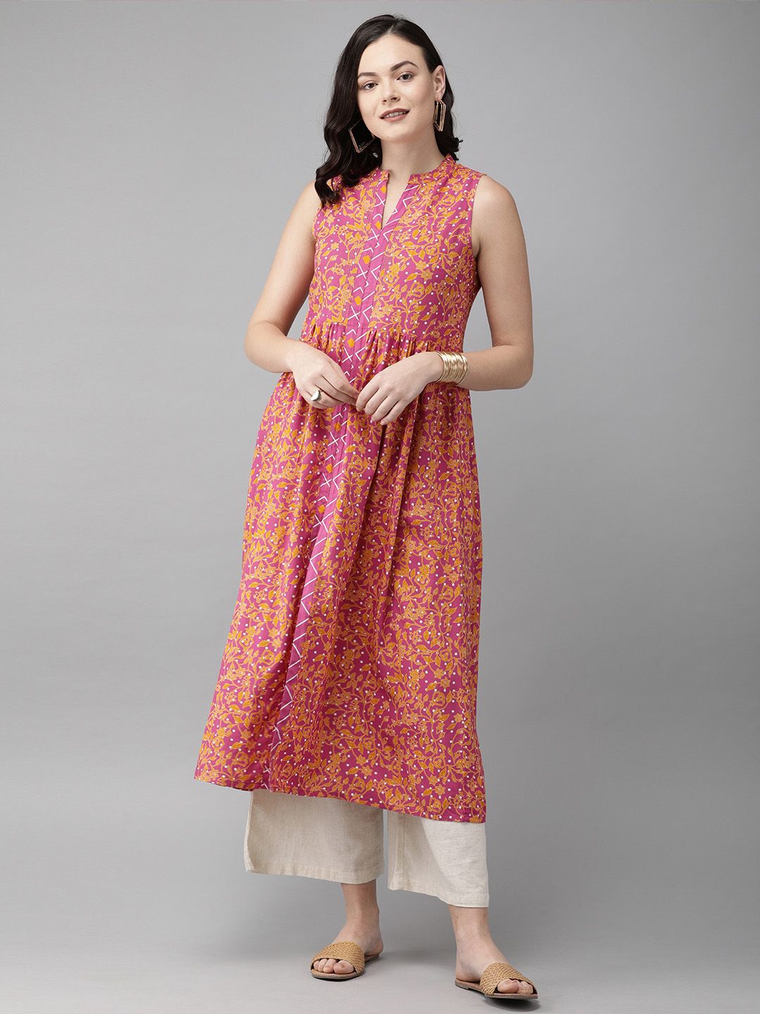 Anouk Women Pink & Mustard Yellow Printed A-Line Kurta