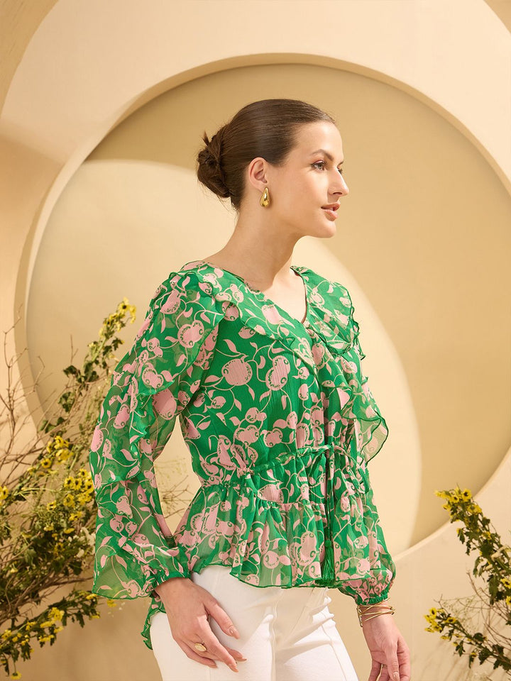 Antheaa Floral Printed Ruffles Detail V-Neck Puff Sleeves Peplum Top