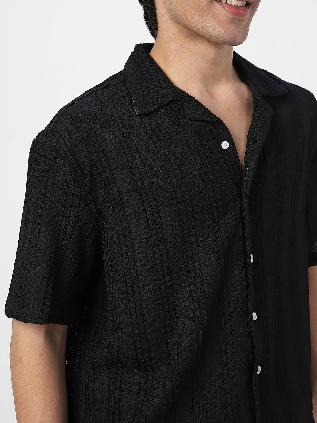 Urbano Fashion Men Cotton Cuban Collar Textured Oversized Casual Shirt