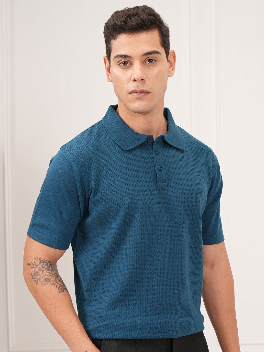HIGHLANDER Men Textured Relaxed Fit Knitted Polo Collar T-shirt