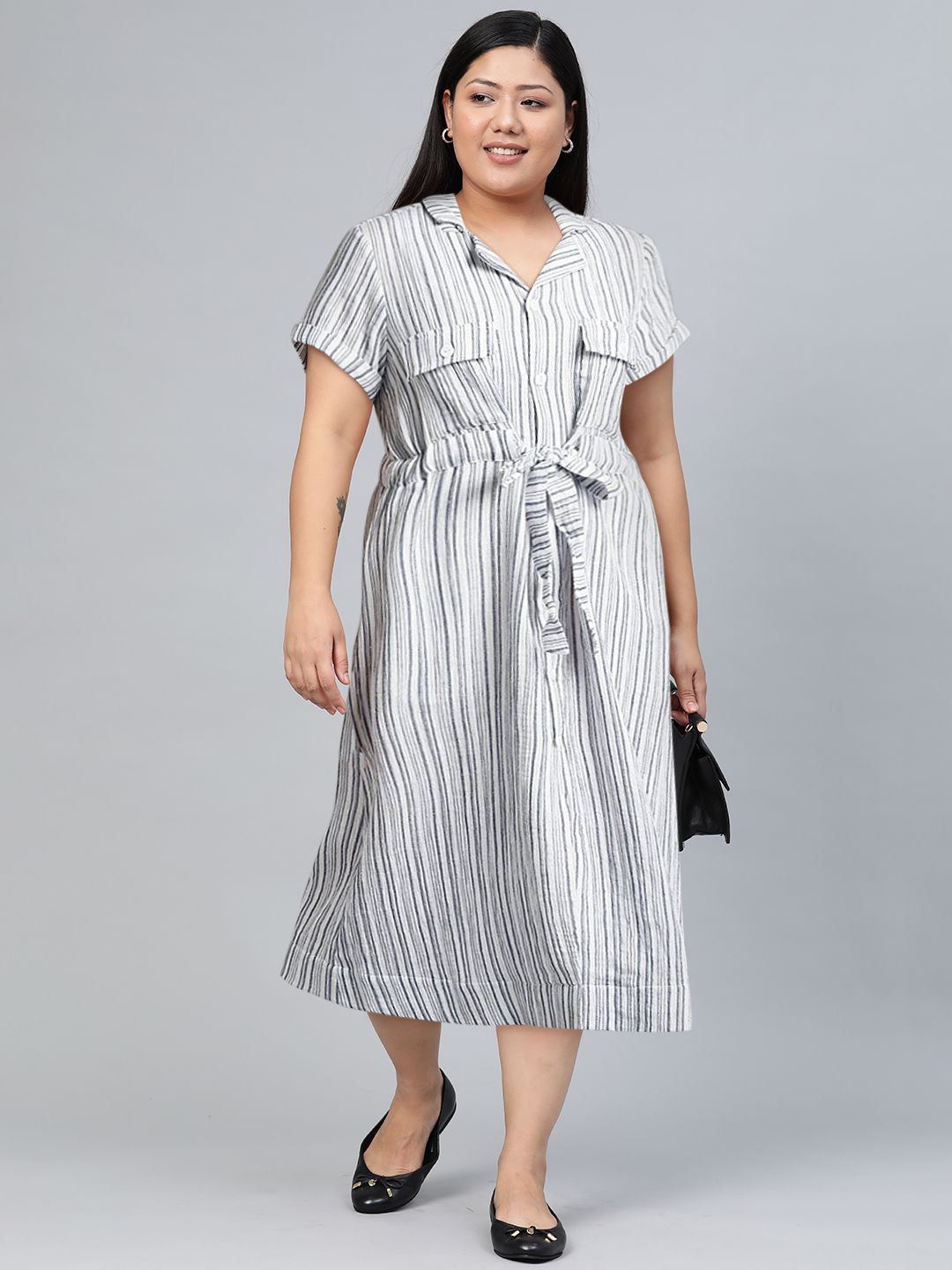 W Blue Striped Shirt Midi Dress