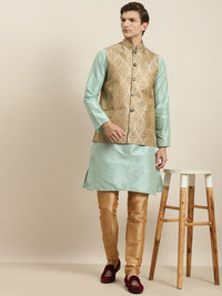 SOJANYA Men Sea Green Striped Kurta with Churidar & Nehru Jacket