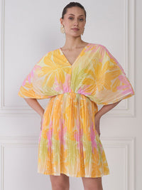 Antheaa Yellow & Pink Floral Print V-Neck Extended Sleeves Chiffon Fit & Flare Dress
