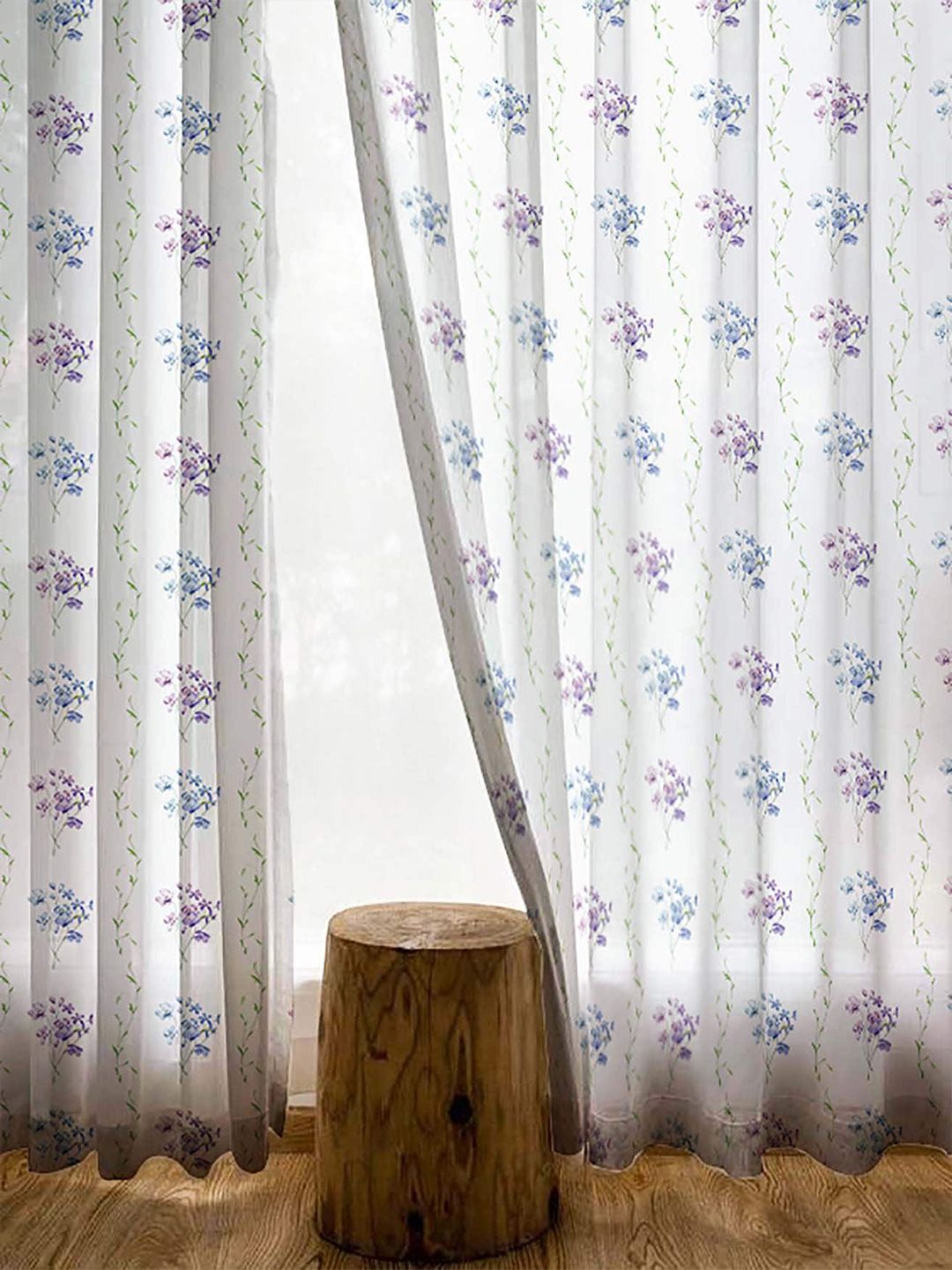 STITCHNEST White & Purple 2 Pieces Floral Printed Sheer Door Curtains