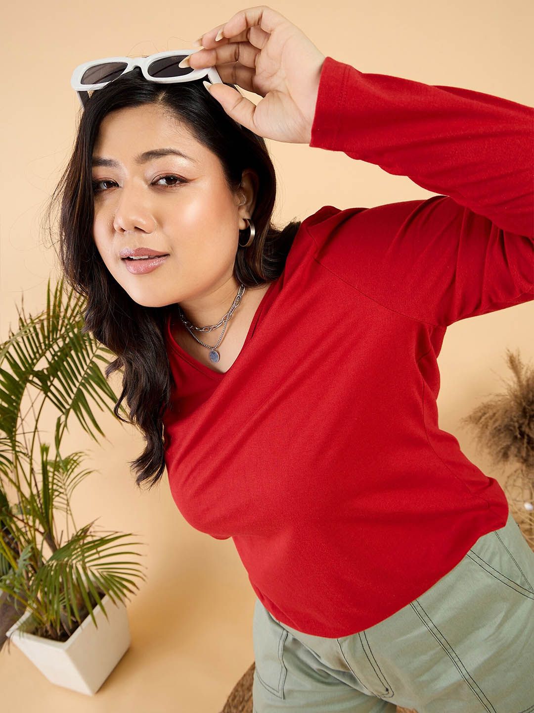 CURVY STREET Plus Size V-Neck Cotton Relaxed Fit T-shirt