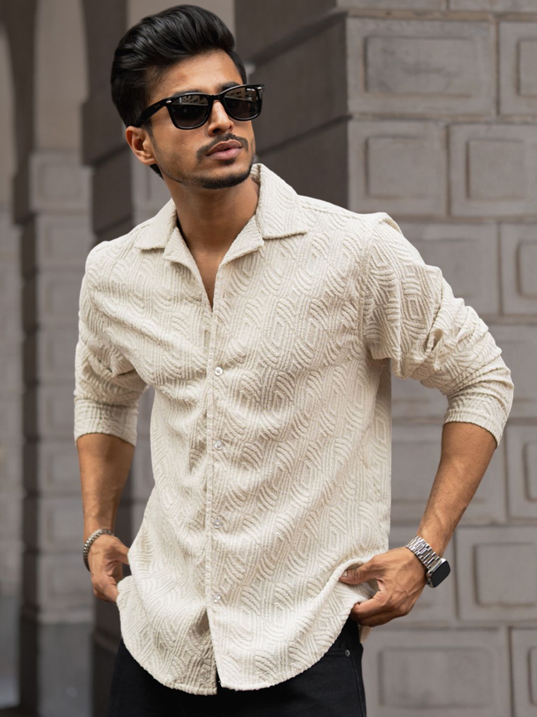 Powerlook Men Cuban Collar Textured Regular Fit Casual Shirt