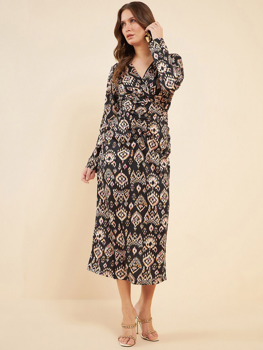 Antheaa Black Ethnic Motifs Printed V-Neck A-Line Midi Dress