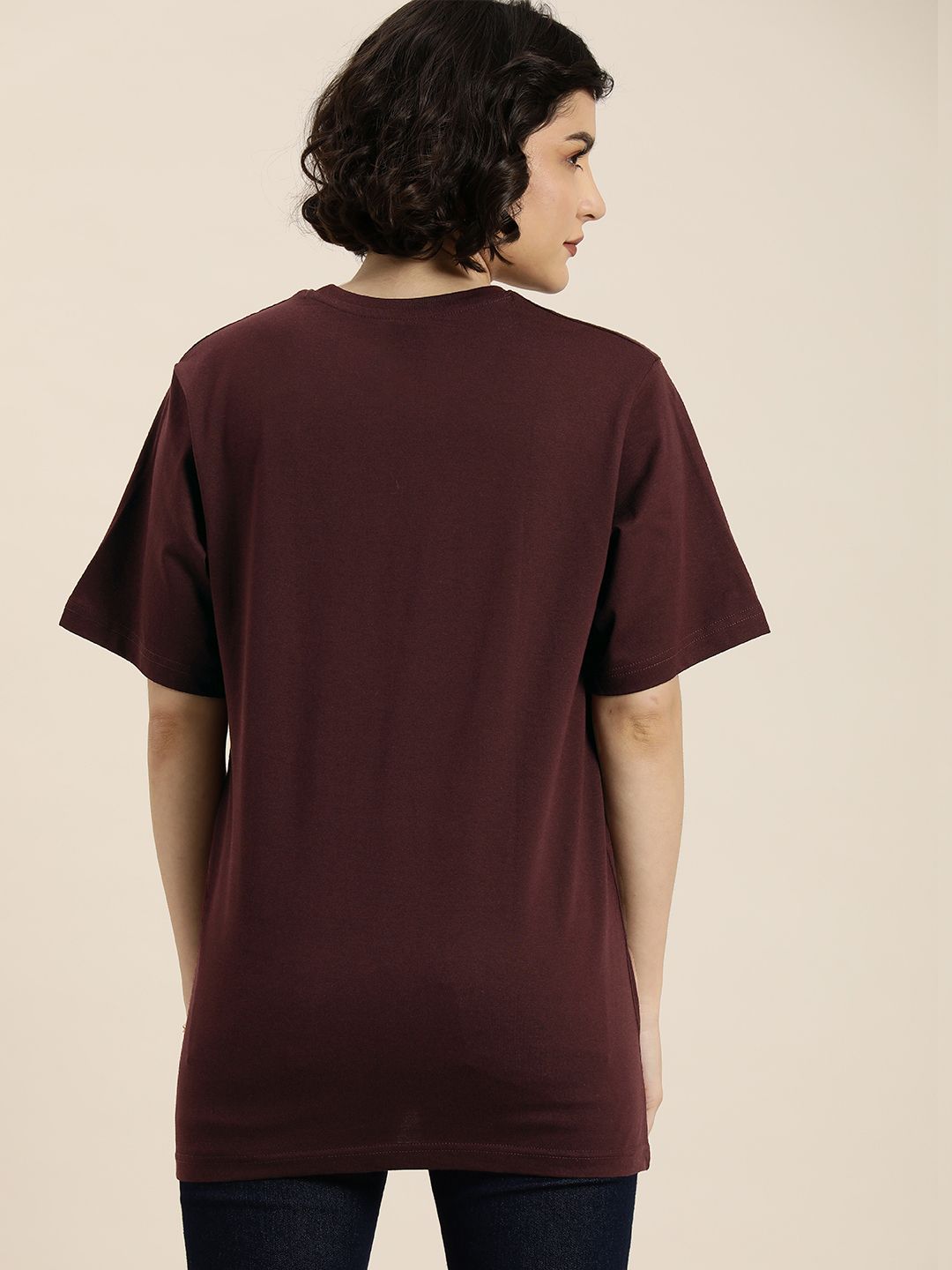 DILLINGER Women Maroon & Peach-Coloured Typography Pure Cotton Oversized T-shirt