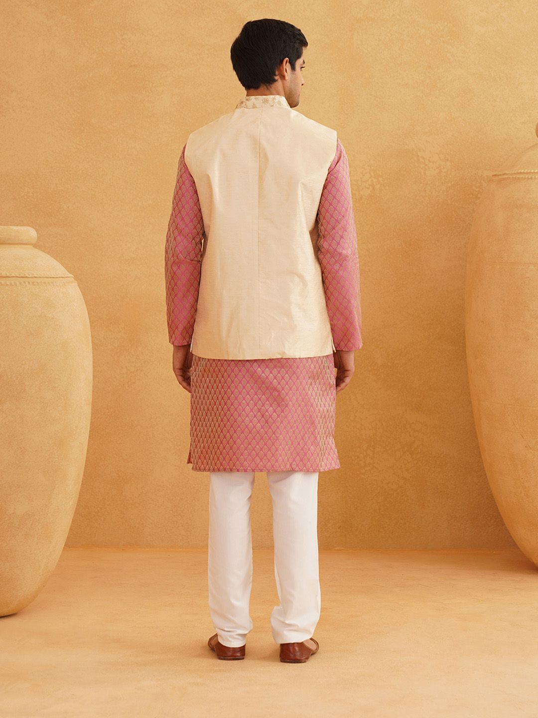 SOJANYA Woven Design Mandarin Collar Kurta with Churidar & Nehru Jacket
