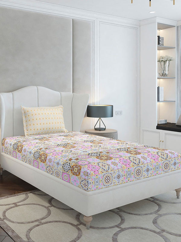Monte Carlo White Floral Cotton 144 TC Single Bedsheet with 1 Pillow Cover-2.29mx1.52m