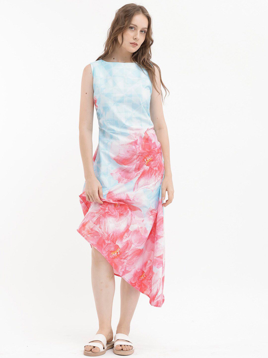 RAREISM Floral Print Sleeveless A-Line Cotton Midi Dress
