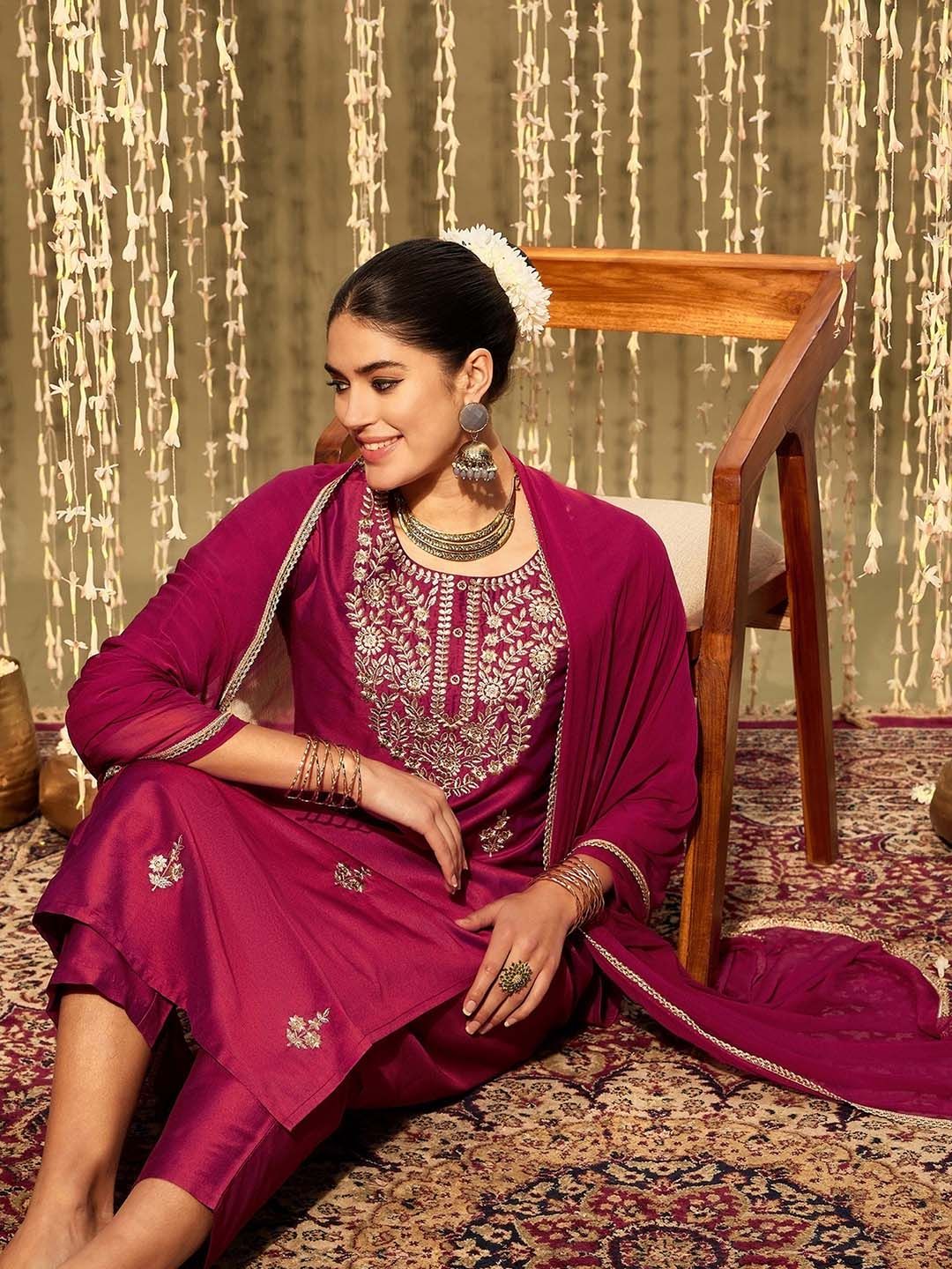 Indo Era Ethnic Motifs Embroidered Zari Straight Kurta With Trousers & Dupatta