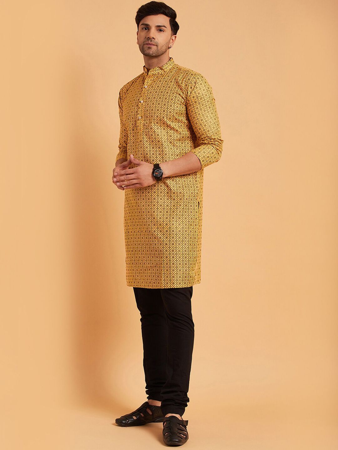 SOJANYA Mandarin Collar Ethnic Motifs Printed Cotton Linen Kurta