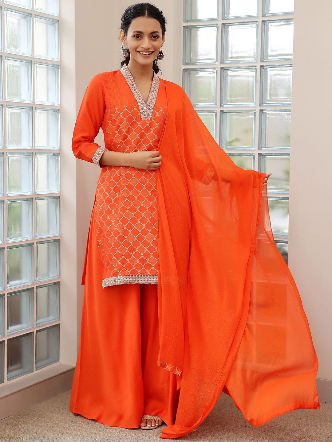 Libas V Neck Regular Sequinned Straight Kurti with Palazzos & Dupatta