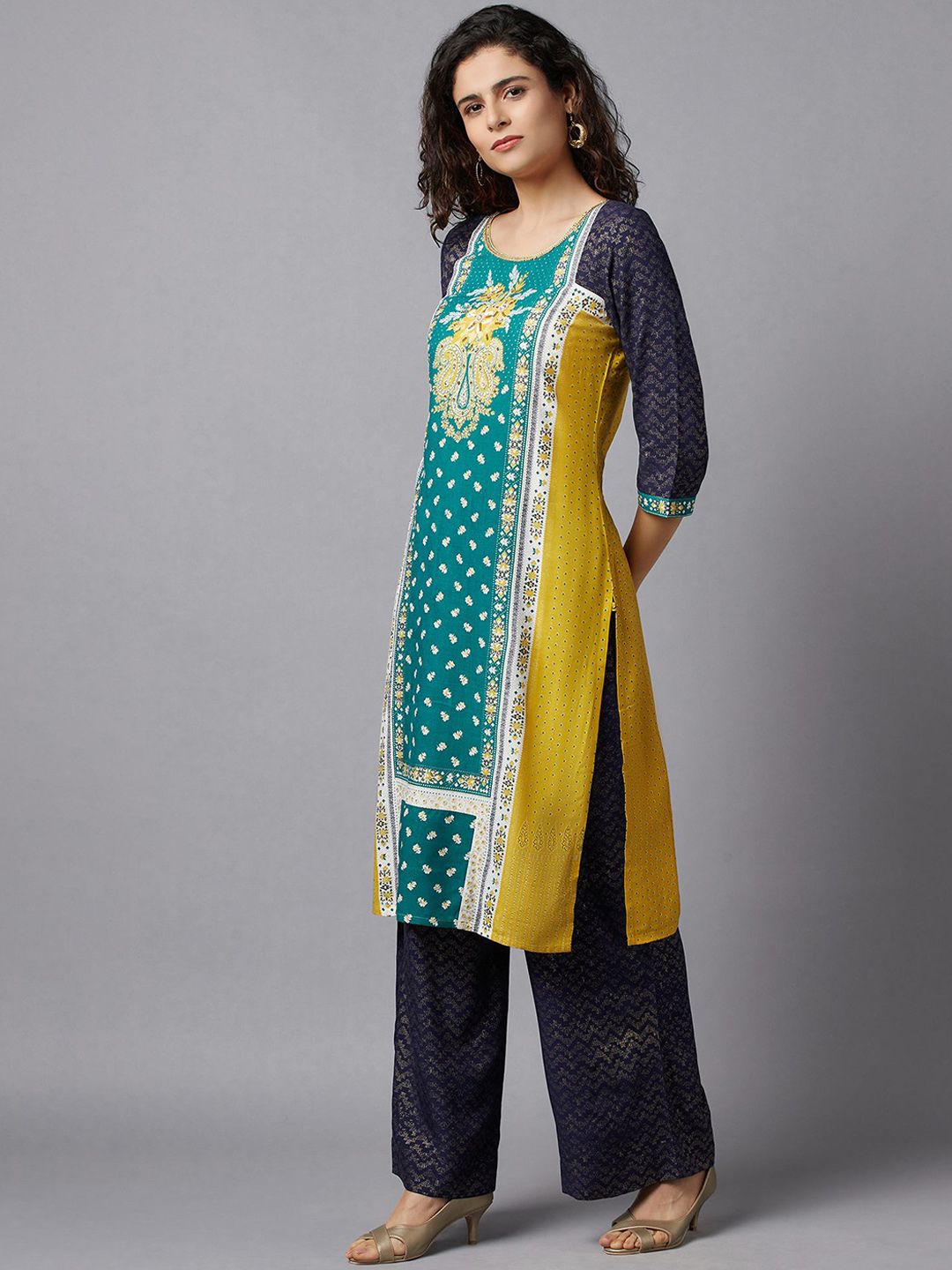 AURELIA Women Green & Yellow Ethnic Motifs Printed Thread Work Kurta