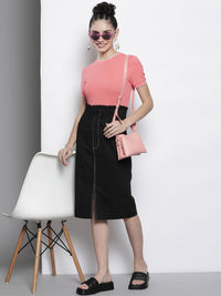 SASSAFRAS Black Pure Cotton Contrast Stitch Twill Pencil Skirt