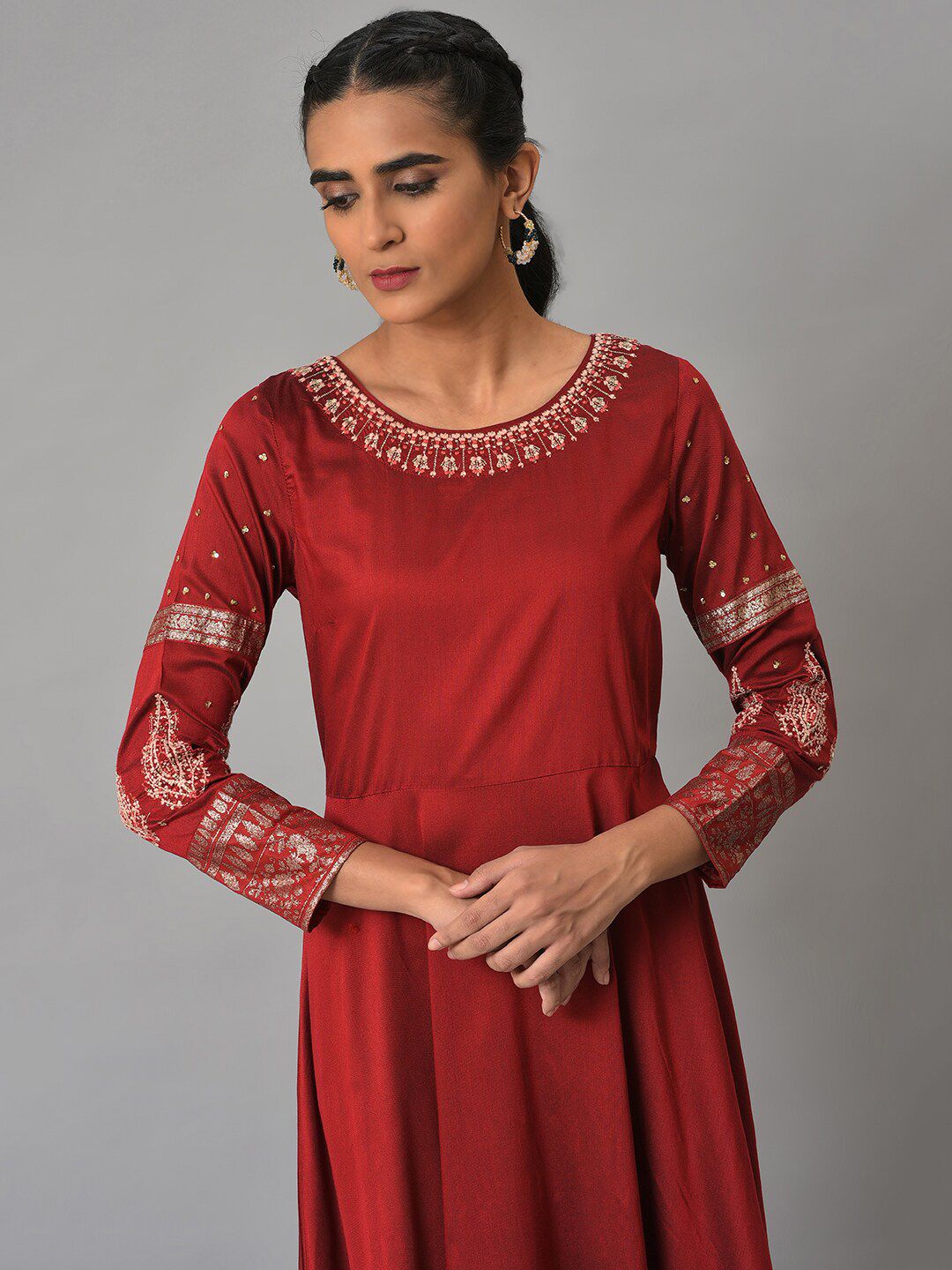 W Red Embellished Fit & Flare Maxi Ethnic Dress