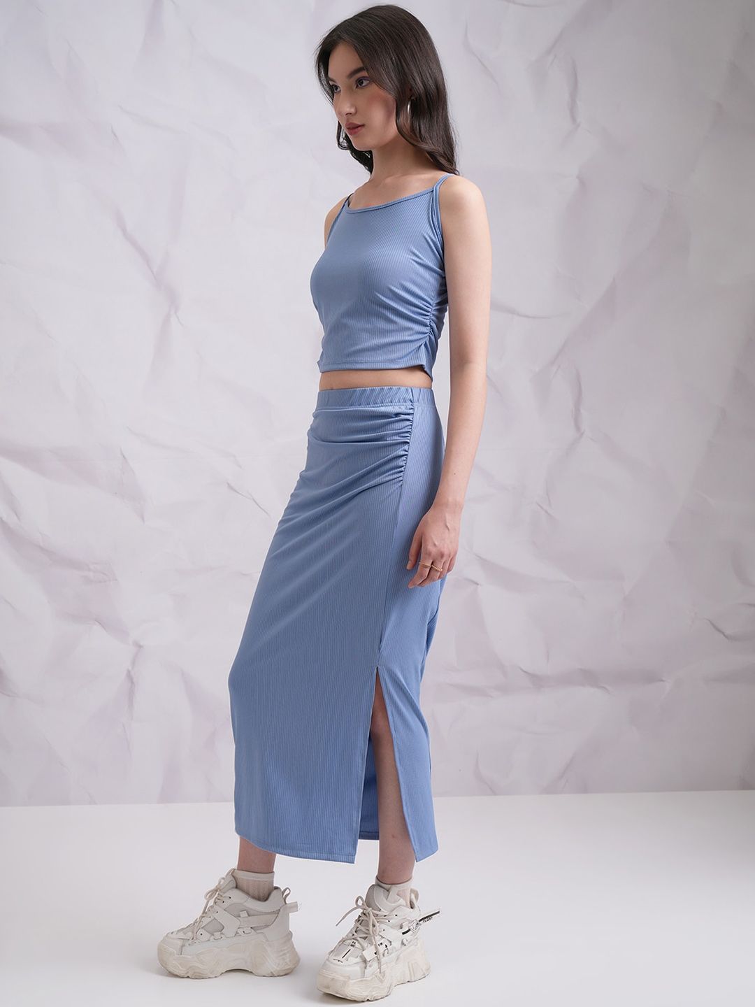 Tokyo Talkies Blue Ribbed Shoulder Straps Top With Flared Split Skirt