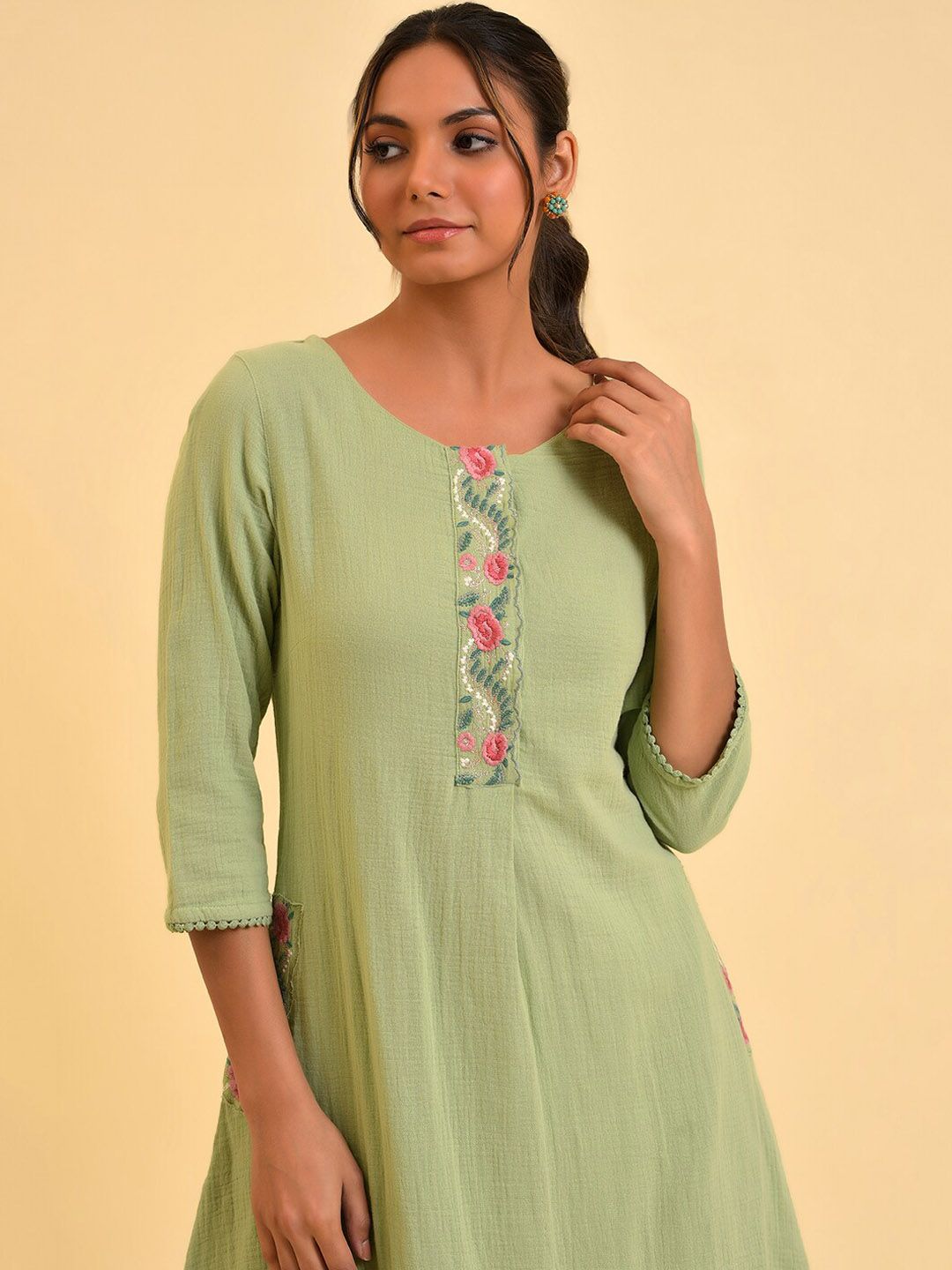 W Green Floral Embroidered A-Line Pure Cotton Kurta