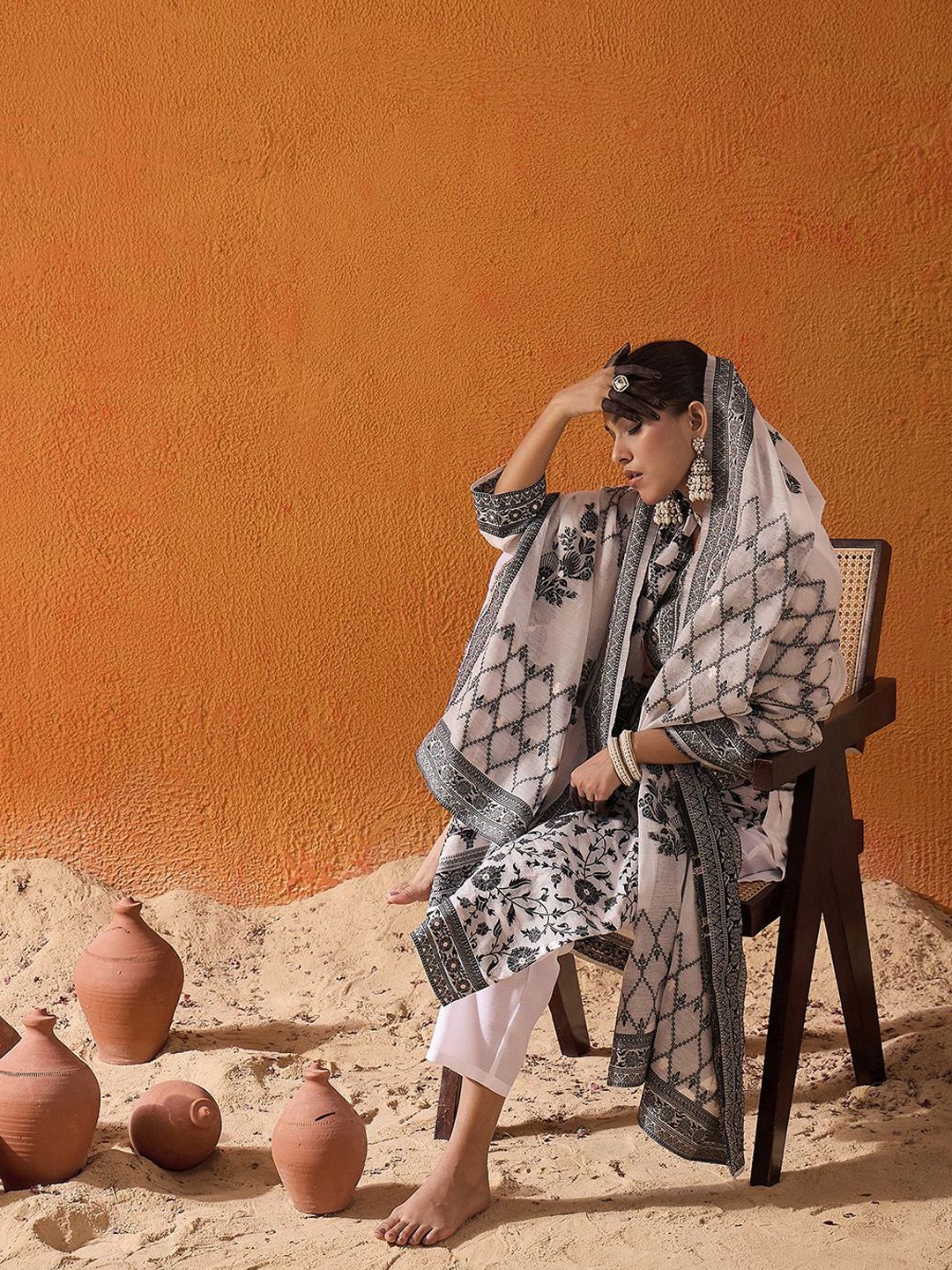 Indo Era White Floral Printed V-Neck Straight Kurta with Trousers & Dupatta