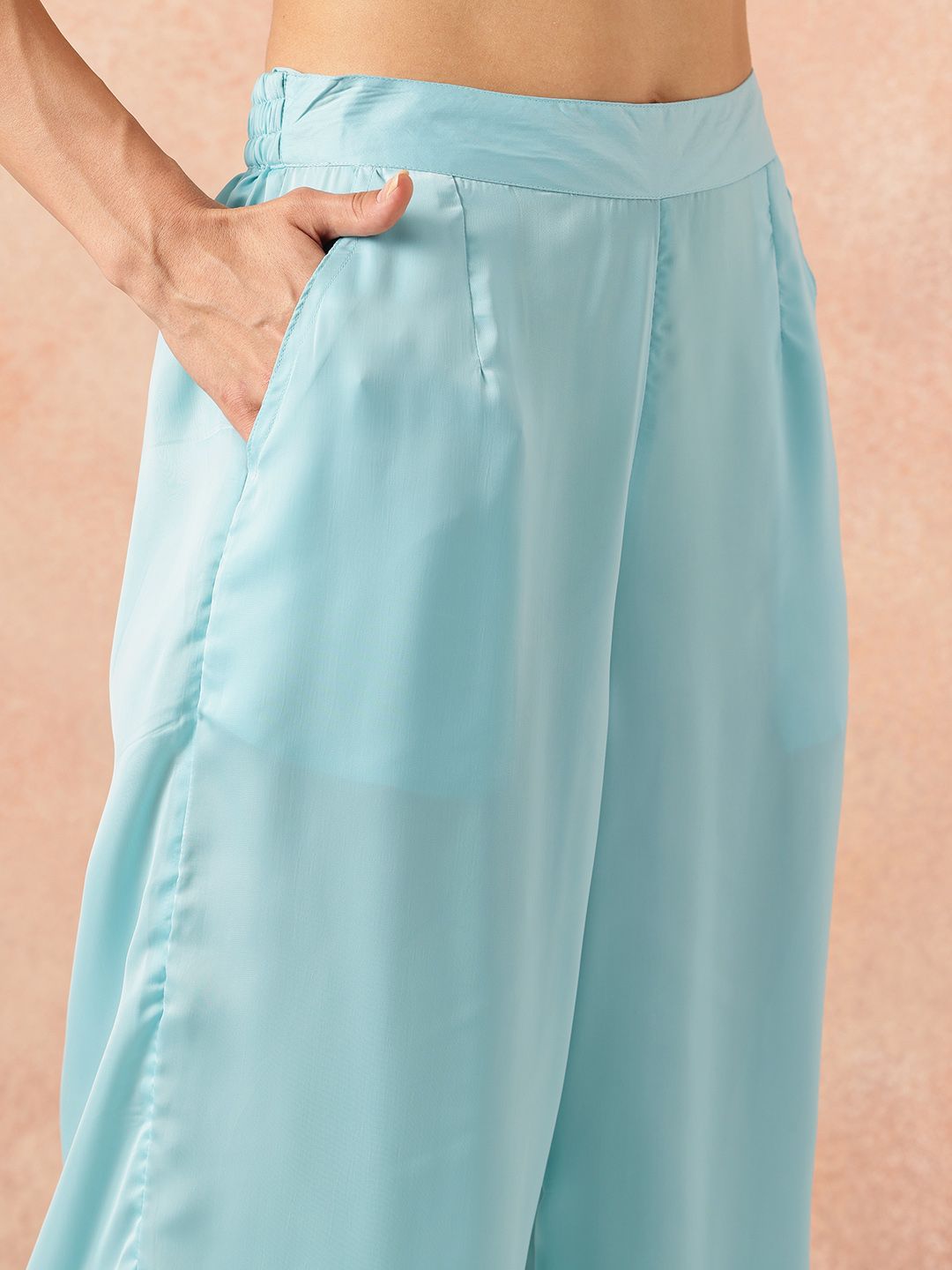 all about you Notched Lapel Collar Drop-Sleeves Satin Straight Kurta with Palazzos