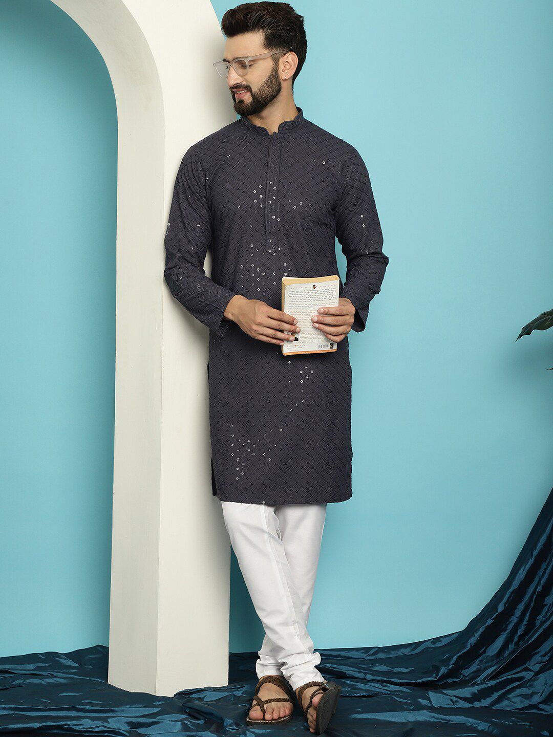 SOJANYA Embroidered Sequinned Pure Cotton Kurta with Pyjama Set