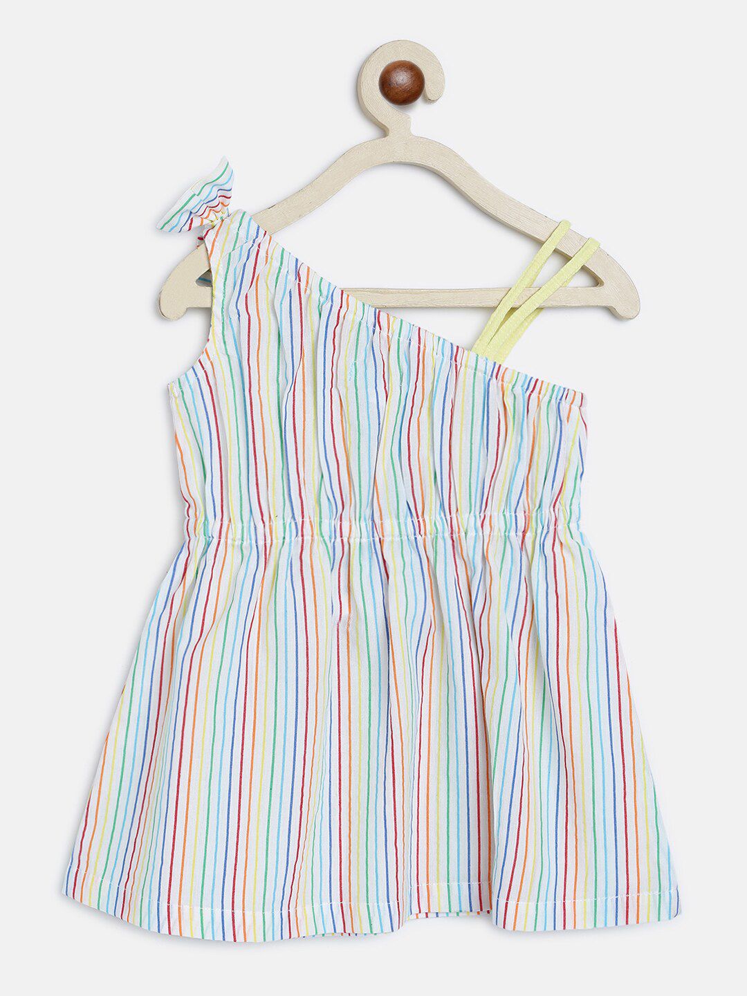 Nauti Nati Girls Multicoloured Striped One Shoulder Cotton Dress
