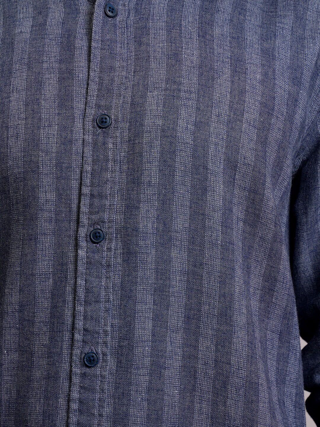 LOCOMOTIVE Men Blue Linen Blend Textured Striper Stand-Up Collar Regular Shirt