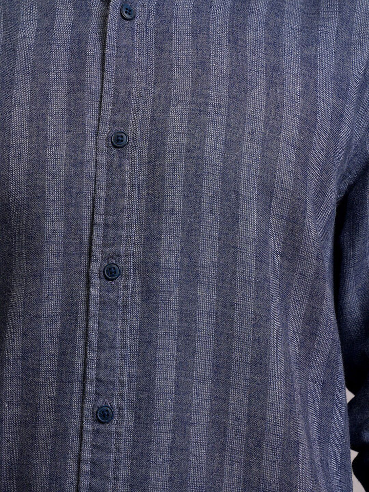 LOCOMOTIVE Men Blue Linen Blend Textured Striper Stand-Up Collar Regular Shirt