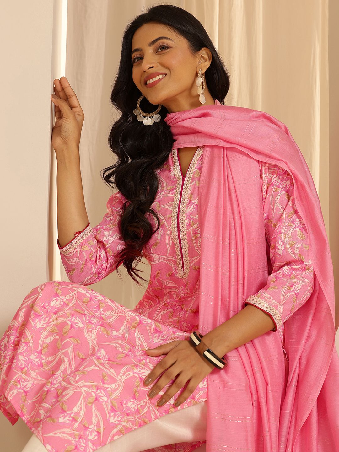 Libas Floral Printed Straight Sequinned Kurta with Trousers & Dupatta