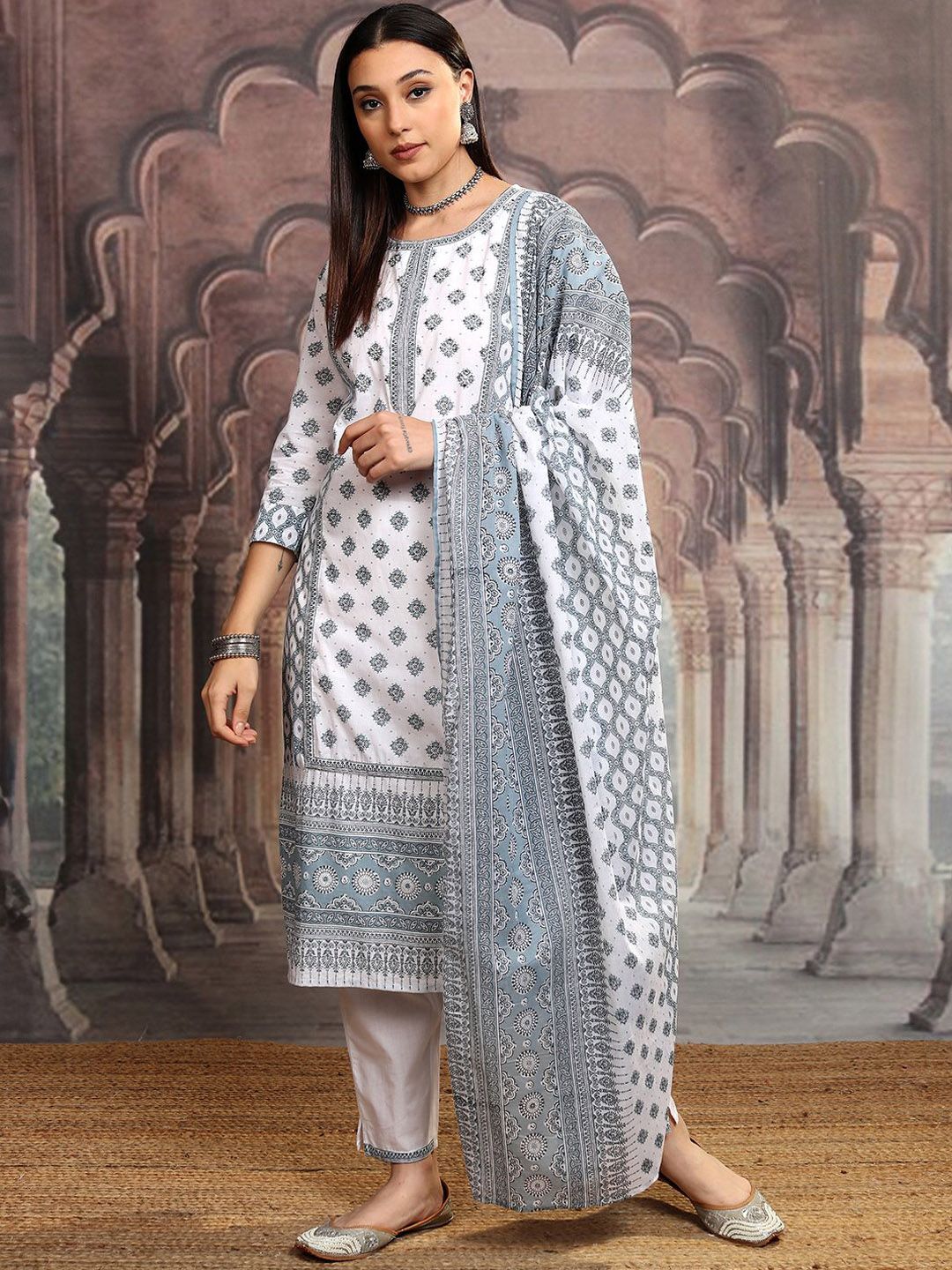 Vishudh White Floral Printed Pure Cotton Straight Kurta With Trousers & Dupatta