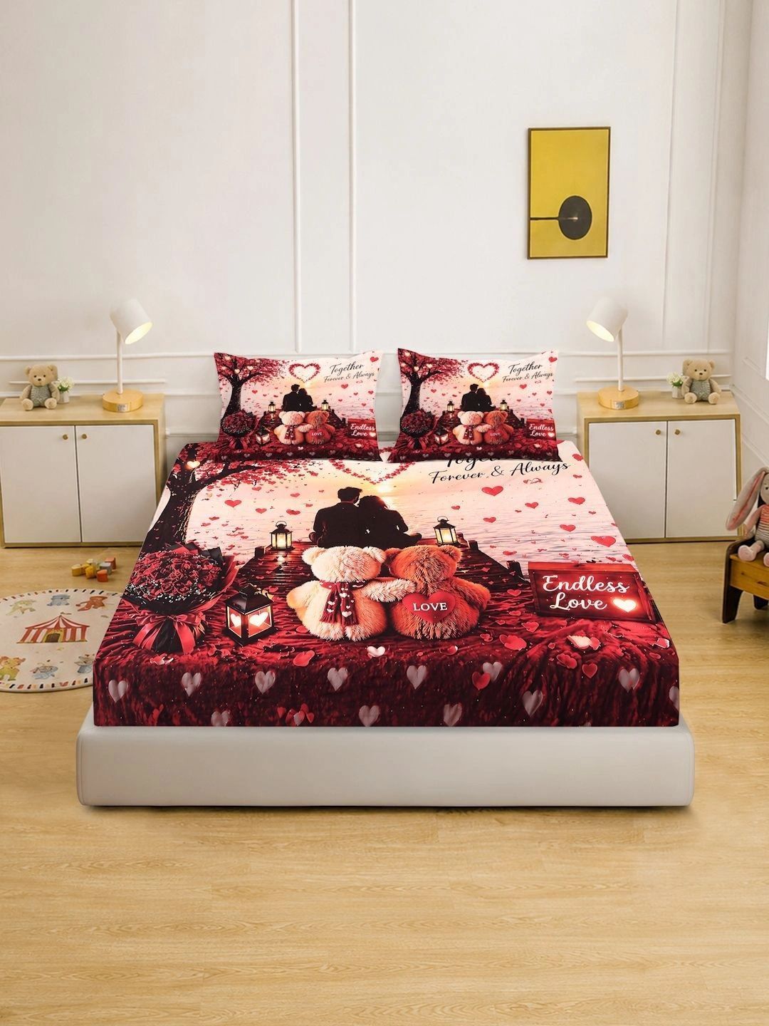 KLOTTHE Red Conversational 400 TC King Bedsheet dengan 2 Sarung Bantal