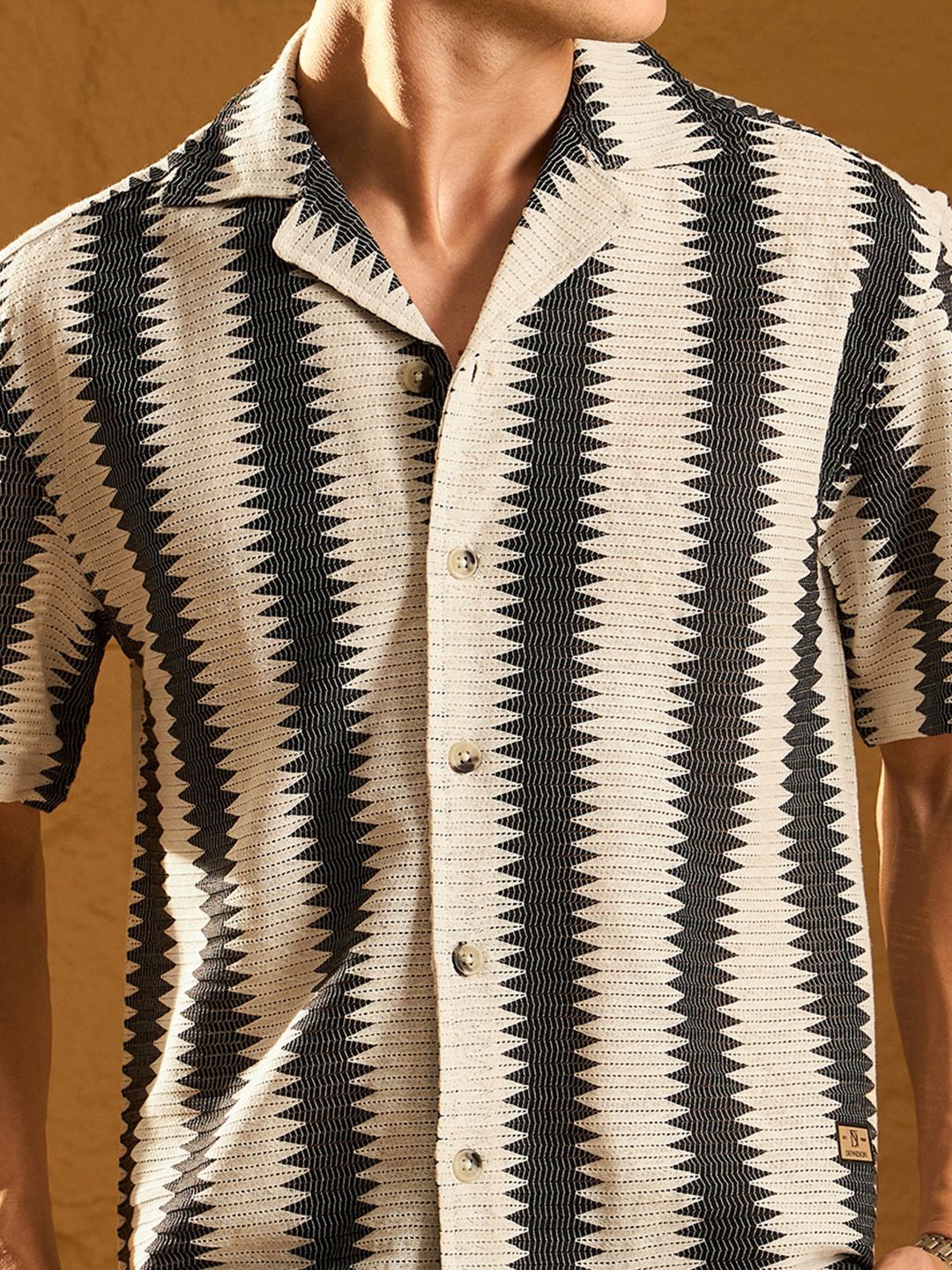 DENNISON Relaxed Vertical Striped Printed Cuban Collar Oversized Cotton Crochet Shirt