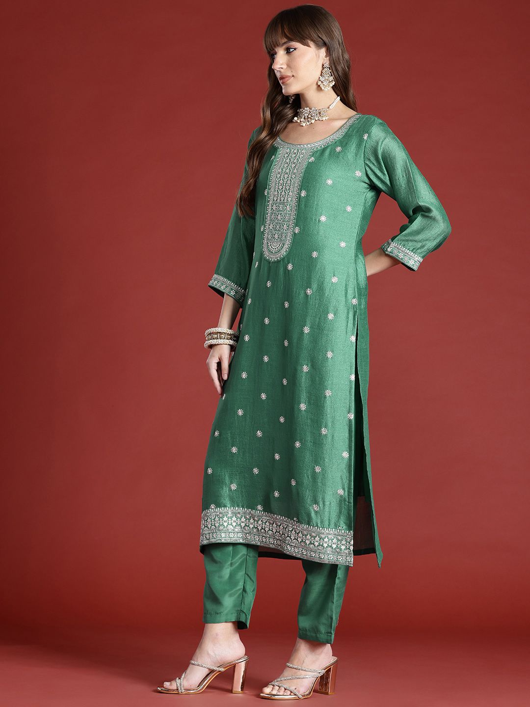 Indo Era Floral Embroidered Sequinned Kurta with Trousers & With Dupatta