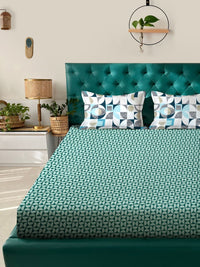 Myntra Elegant Homes Green & White Geometric 300 TC King Cadar dengan 2 Sarung Bantal