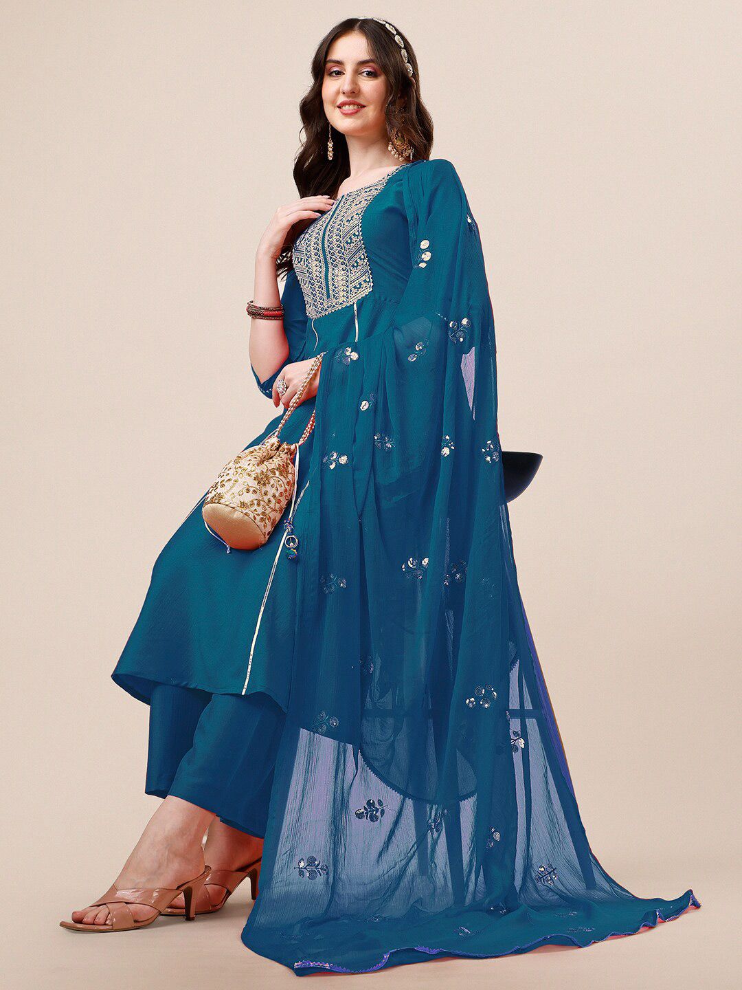 KALINI Round Neck Embroidered Gotta Patti Straight Kurta with Palazzos & With Dupatta