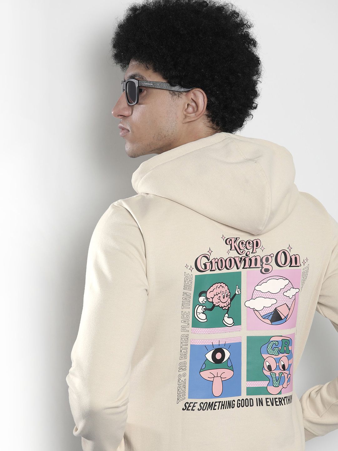 The Indian Garage Co Men Off White Printed Hooded Sweatshirt