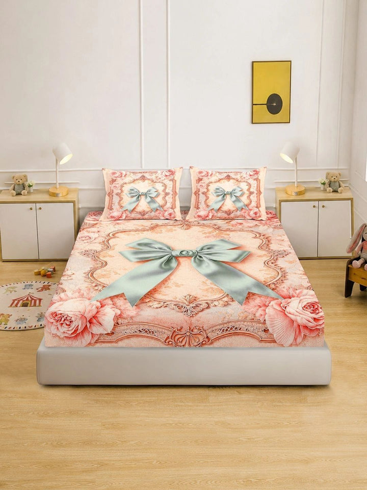 KLOTTHE Peach-Coloured Floral 400 TC King Bedsheet with 2 Pillow Covers