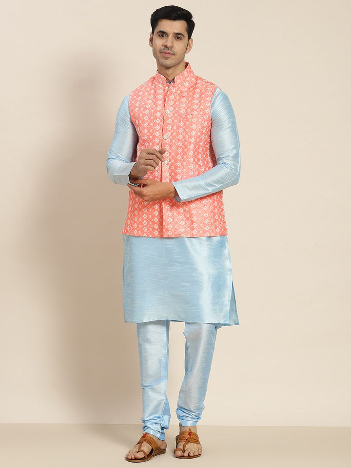 SOJANYA Kurta Sulam Biru Lelaki dengan Churidar dengan Jaket Nehru