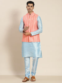SOJANYA Kurta Sulam Biru Lelaki dengan Churidar dengan Jaket Nehru
