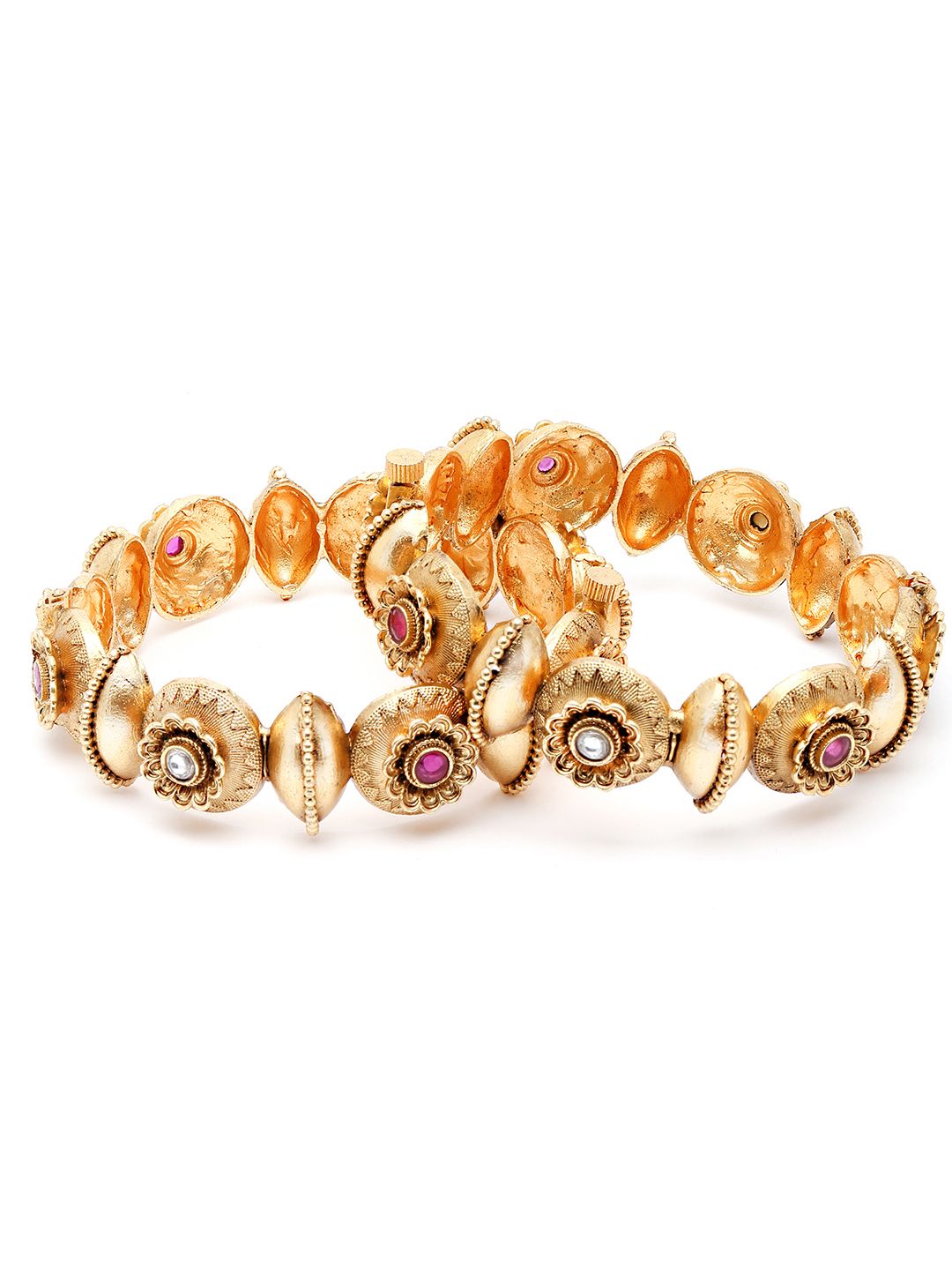 KARATCART Set Of 2 Gold-Plated Pink & White Kundan Floral Rajwadi Bangles
