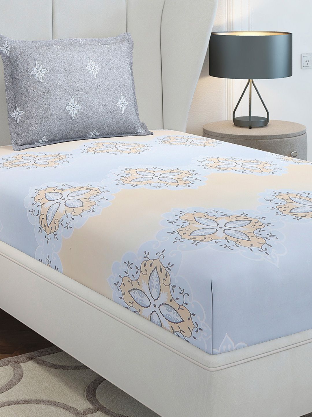 Monte Carlo Grey & Blue Ethnic Motifs Cotton 144 TC Single Bedsheet Set-2.29 m x 1.52 m