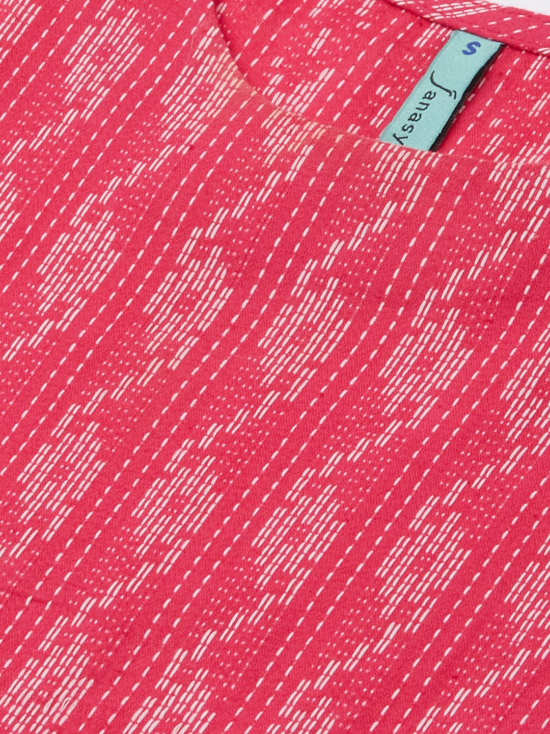 Janasya Women Pink Pure Cotton Woven Design Tiered Dress