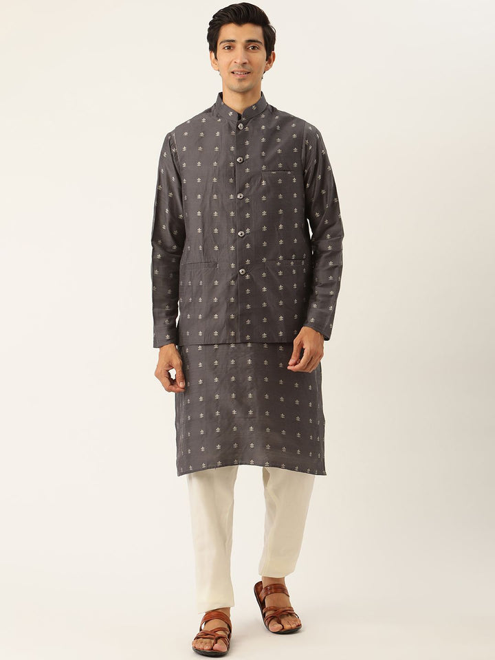 SOJANYA Men Charcoal Ethnic Motifs Kurta Set With Nehru Jacket
