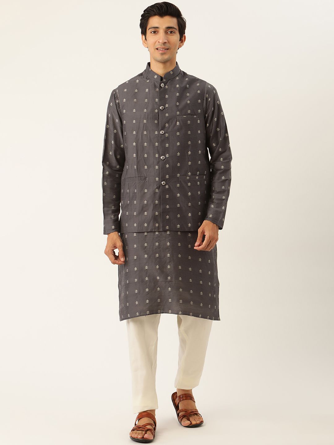 SOJANYA Men Charcoal Ethnic Motifs Kurta Set With Nehru Jacket