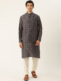 SOJANYA Men Charcoal Ethnic Motifs Kurta Set With Nehru Jacket