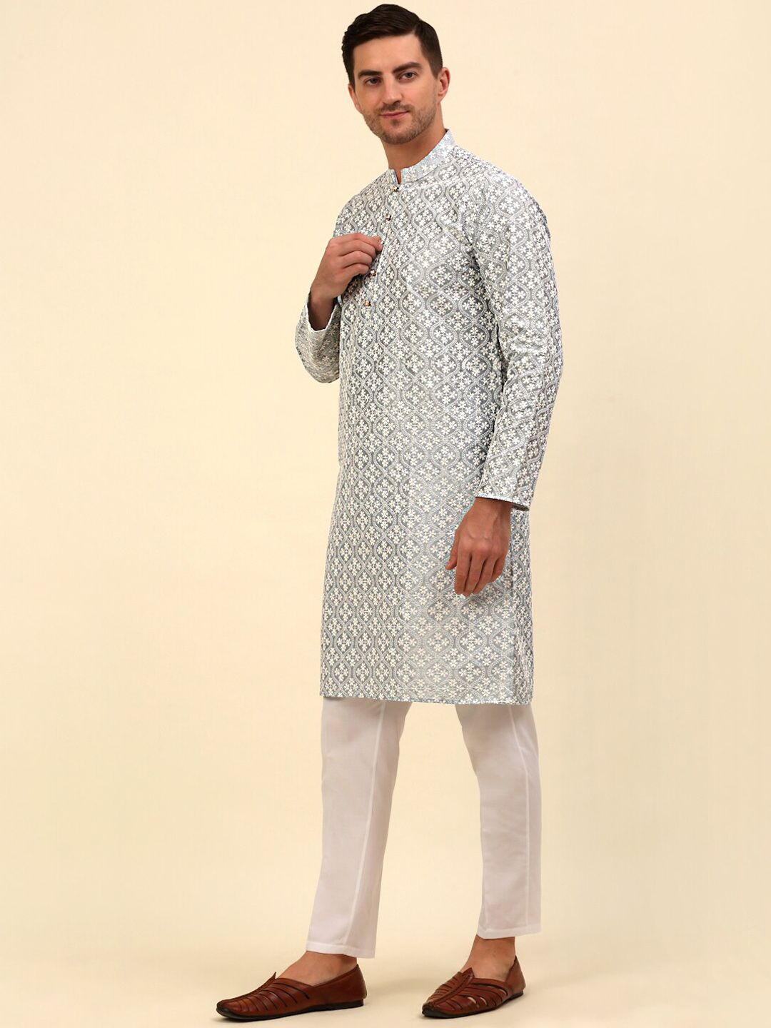 Anouk Grey Floral Embroidered Regular Chikankari Kurta with Pyjama